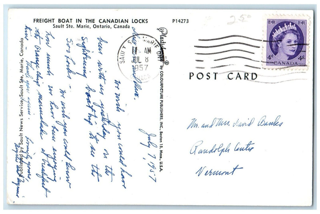 1957 Freight Boat Canadian Locks Sault Ste Marie Ontario Canada Vintage Postcard