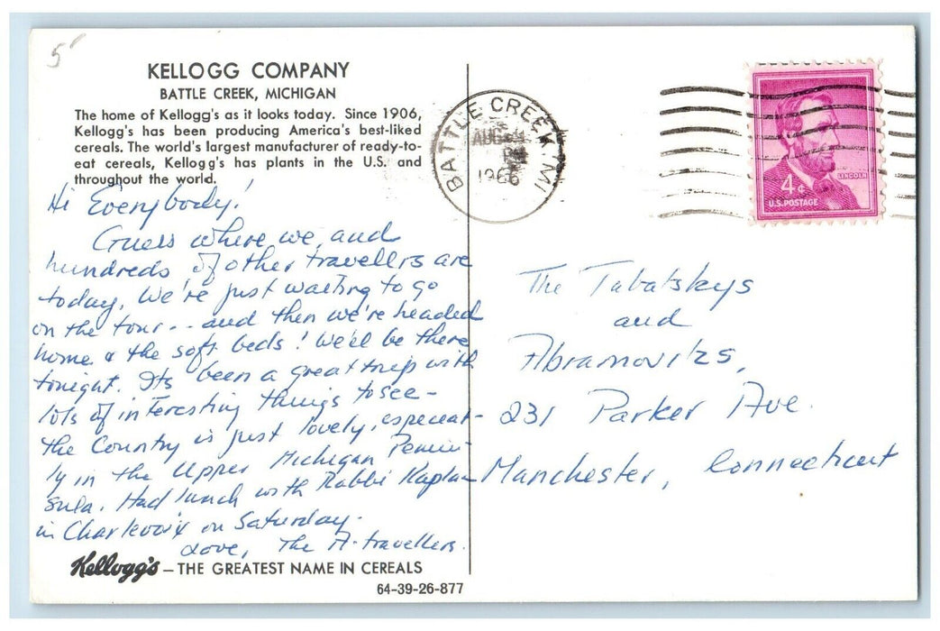 1966 Kellogg Company Cereals Battle Creek Michigan Advertising Vintage Postcard