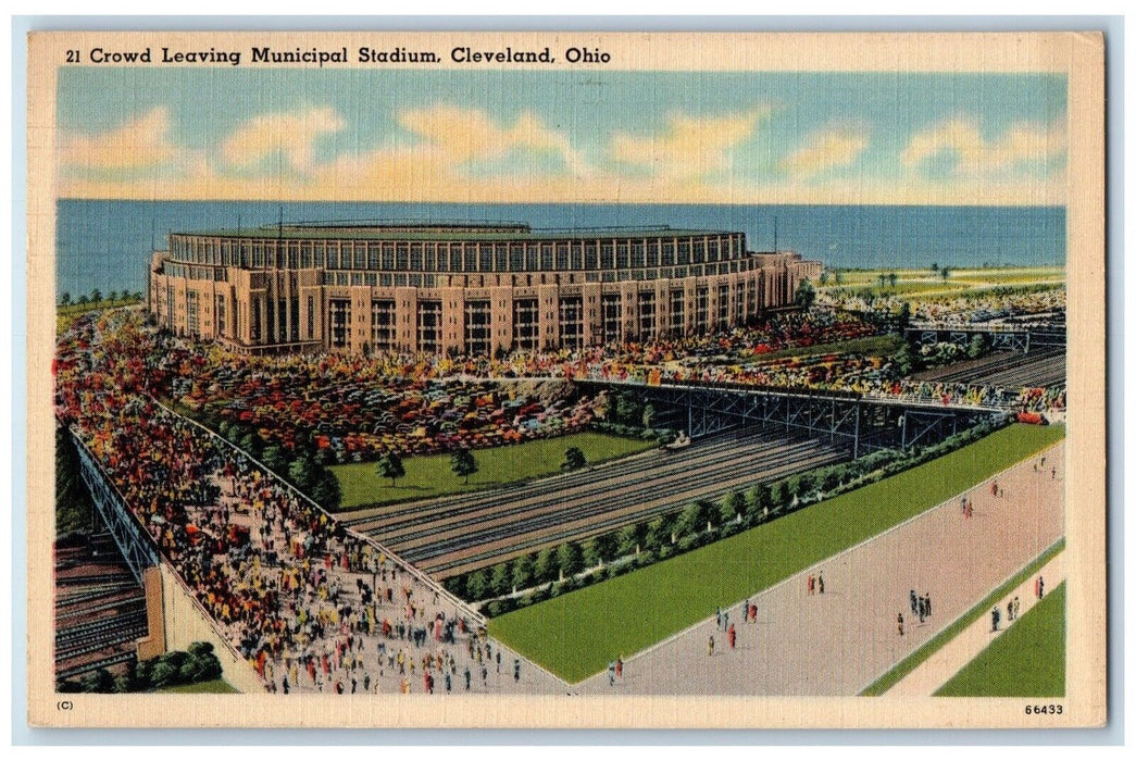 1941 Crowd Leaving Municipal Stadium Downtown Exterior Cleveland Ohio Postcard