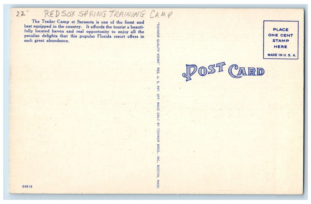 1940 Sarasota Trailer Park Redsox Spring Training Camp Sarasota Florida Postcard