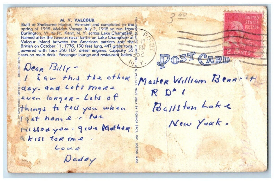 1952 MV Valcour Lake Champlain Transportation Co Point Kent New York NY Postcard