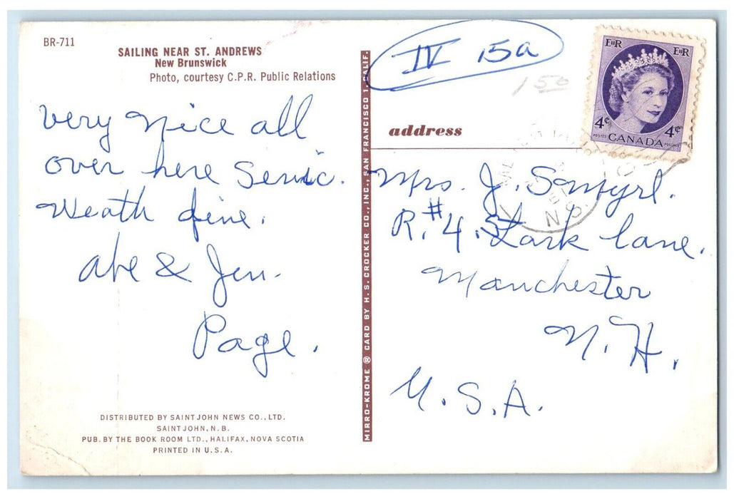 c1960 Sailing Near St Andrews Sail Boat Lake New Brunswick Canada CA Postcard