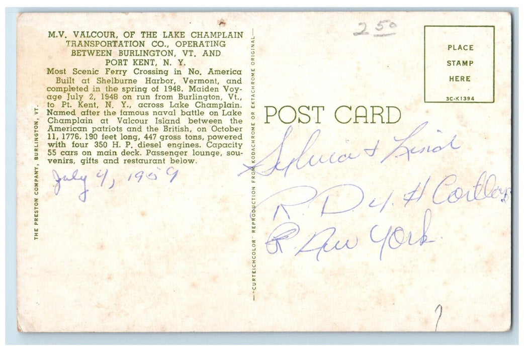 1960 Scenic Ferry MV Valcour Lake Champlain Trans Co Port Kent New York Postcard