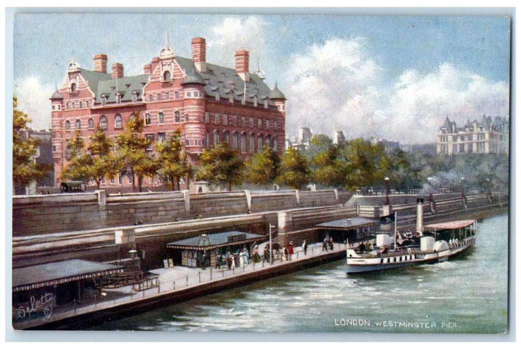 c1910 Scenic View London Westminster Pier Dock Boat Lake Antique Tuck's Postcard