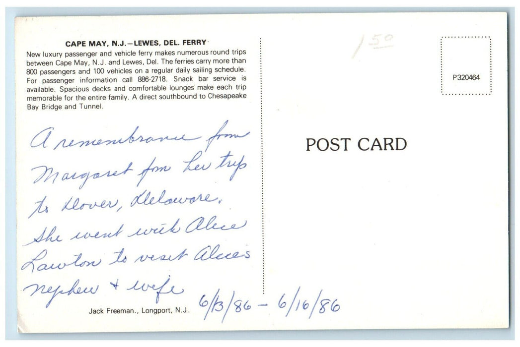 1986 Cape May New Jersey Lewes Delaware Ferry Cruise Ship Lake Vintage Postcard