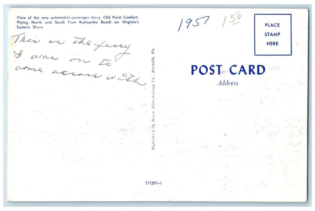 1957 View Automobile Passenger Ferry Old Point Comfort Kiptopeke Beach Postcard