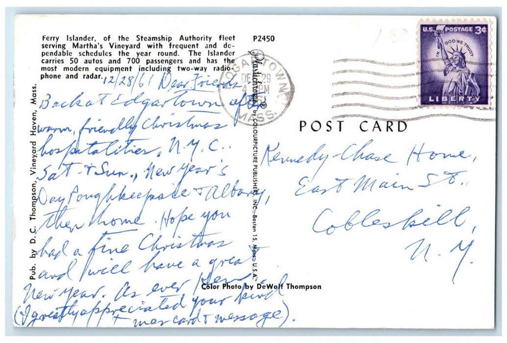1961 Ferry Islander Steamship Authority Martha's Vineyard Edgartown MA Postcard