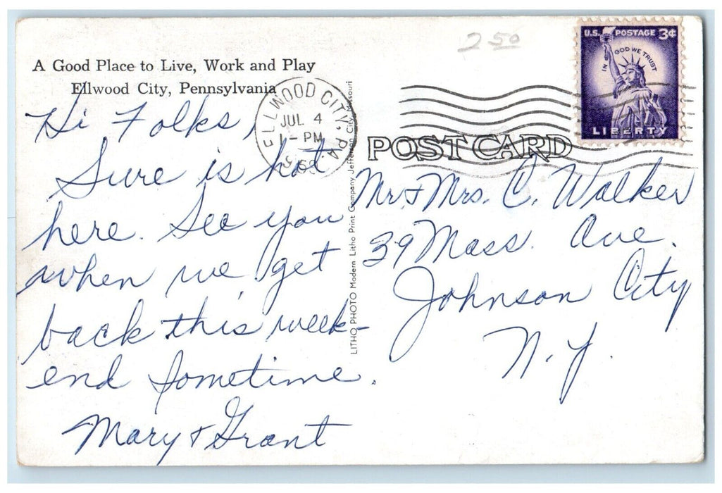 1959 Lincoln High School Building Ellwood City Pennsylvania PA Vintage Postcard