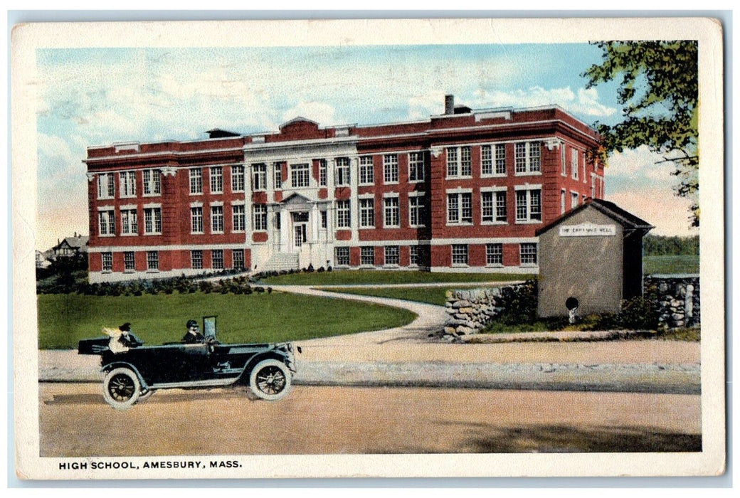 1921 High School Building Classic Car Amesbury Massachusetts MA Vintage Postcard