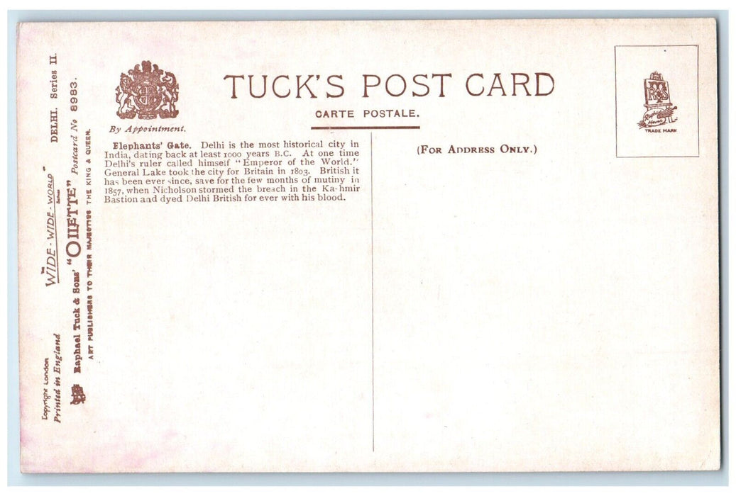 c1910's Delhi Fort Elephant Gate Entrance India Oilette Tuck's Antique Postcard