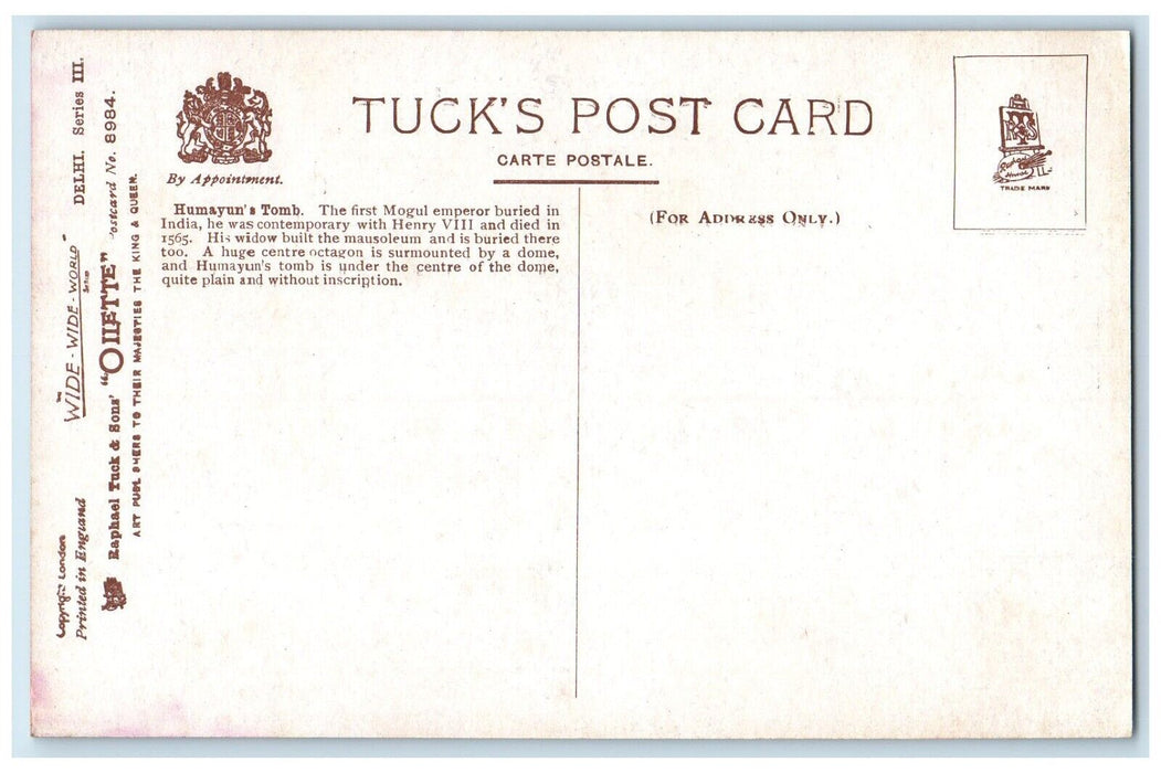 c1910's Delhi Humayun's Tomb Mogul Emperor India Oilette Tuck's Antique Postcard