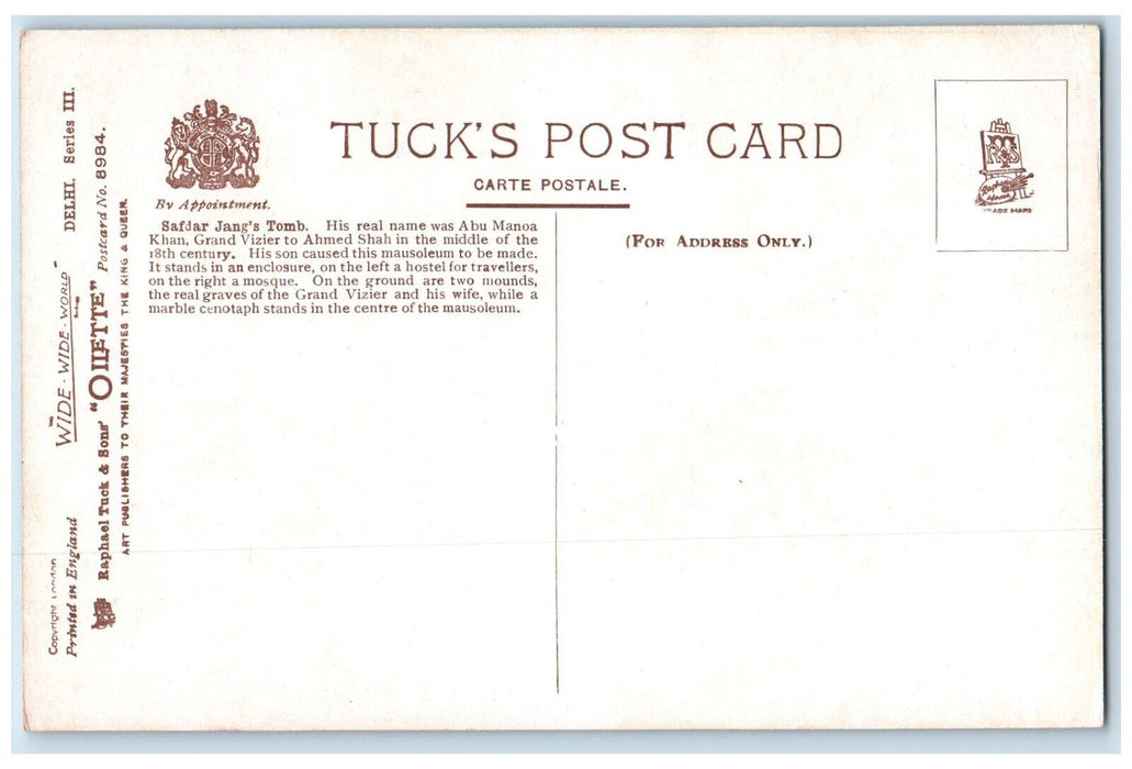 c1910's Delhi Safdar Jang's Tomb India Oilette Tuck's Unposted Antique Postcard