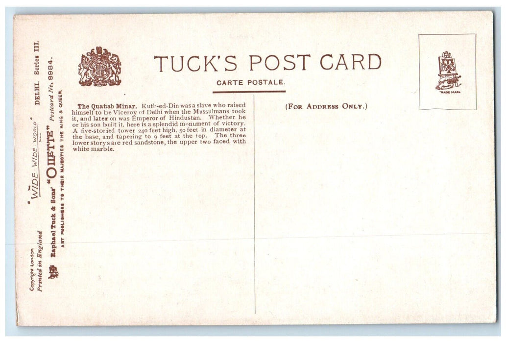 c1910's Delhi The Quatab Minar Emperor Of Hindustan India Oilette Tucks Postcard