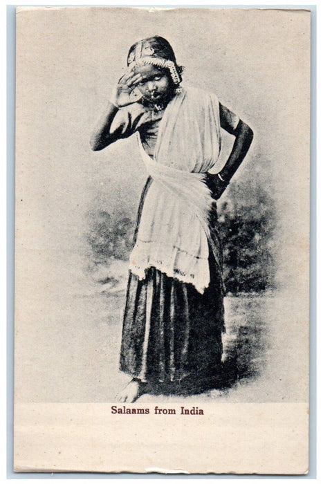 c1910's Girl Traditional Dress Salaams From India Posted Antique Postcard