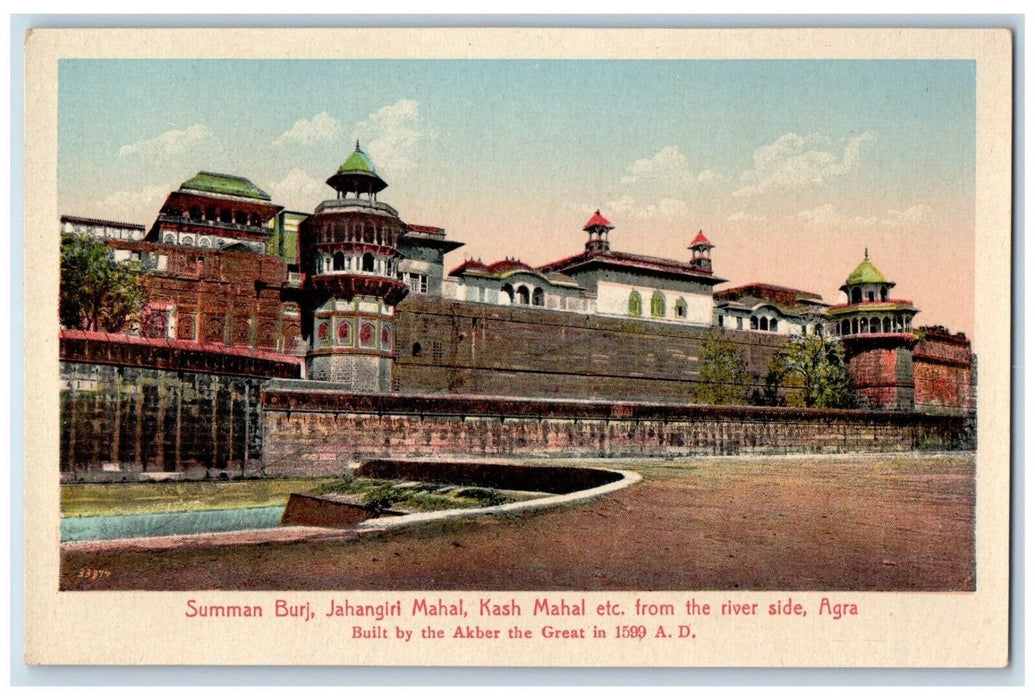 c1910's Summan Burj Jahangiri Mahal Kash Mahal River Side Agra India Postcard