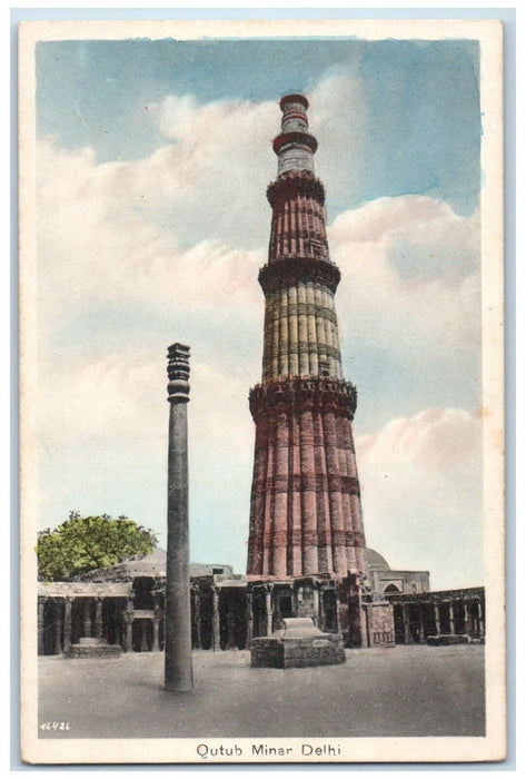 c1910's Qutub Minar Delhi India, Mughal Ruler Tower Posted Antique Postcard