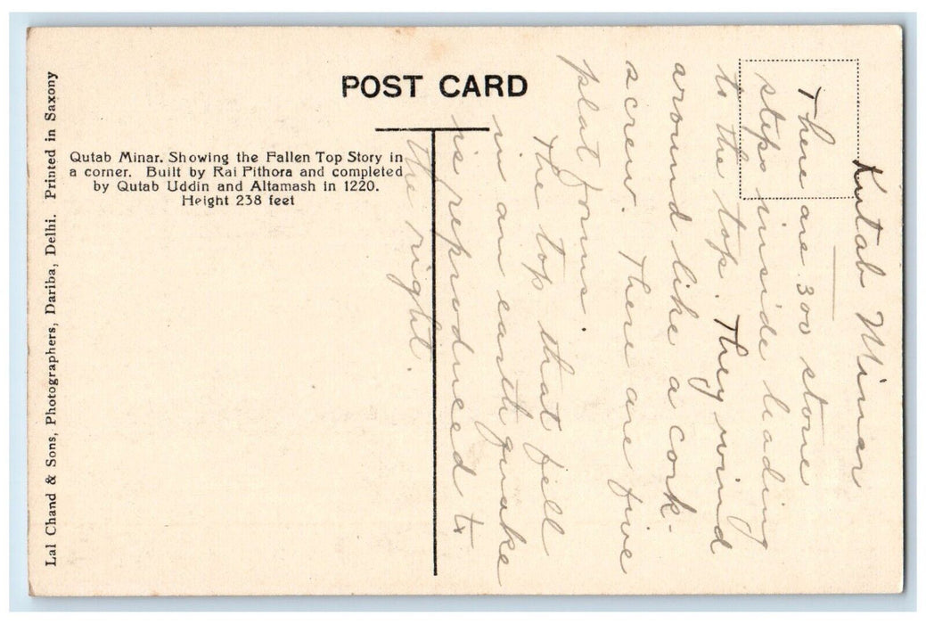 c1910's Qutub Minar Delhi India, Showing The Fallen Top Story Corner Postcard