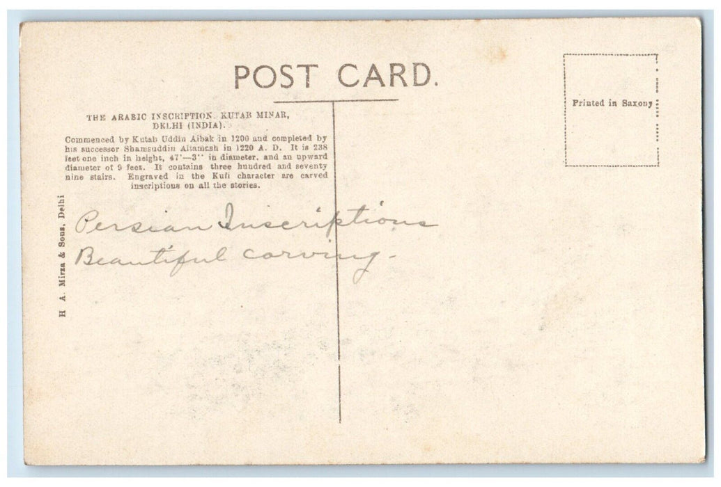 c1910's The Arabic Inscription Kutab Minar Carving Delhi India Antique Postcard