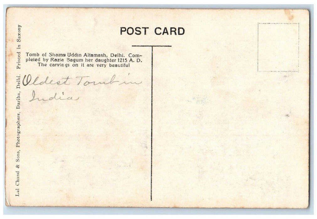 c1910's Tomb Of Shams Uddin Altamash Oldest Tomb In Delhi India Antique Postcard