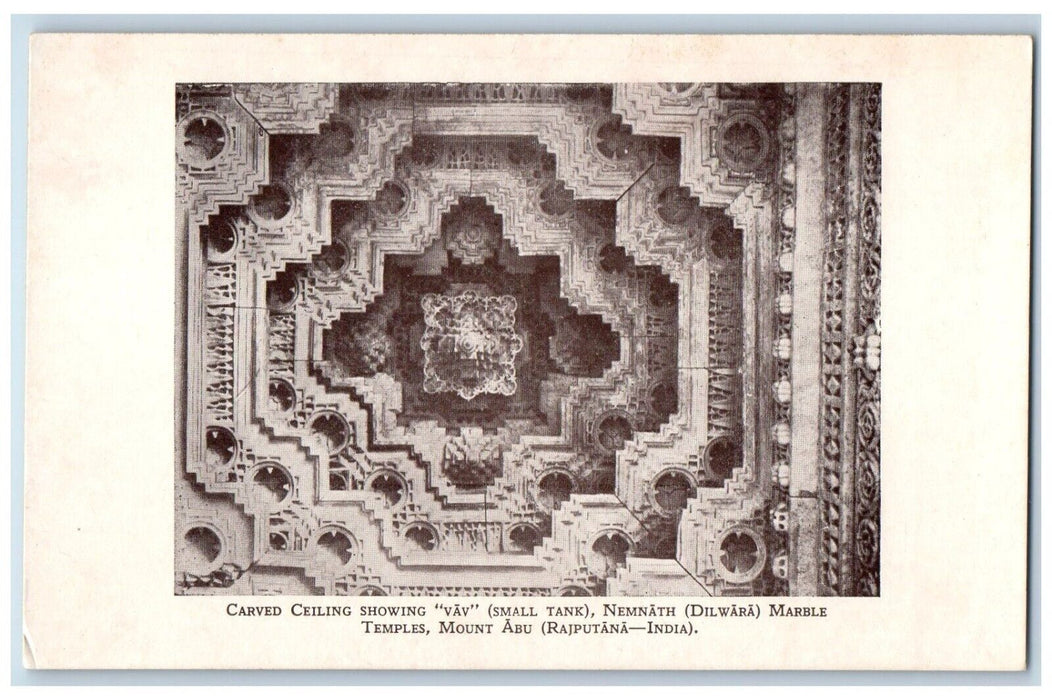 Carved Ceiling Showing VAV Small Tank Marble Temple Rajputana India Postcard