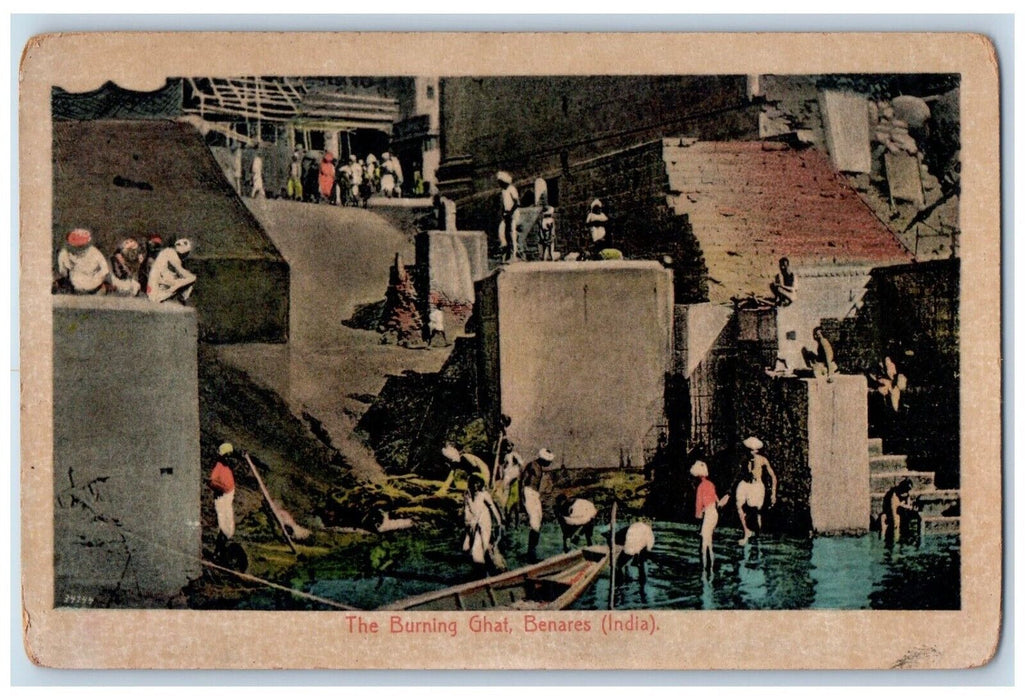 c1910's View Of The Burning Ghat Boat Benares India Unposted Antique Postcard