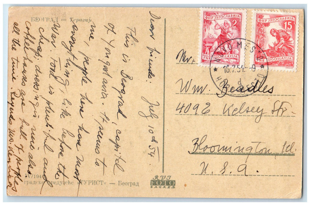 c1950's Aerial View of Busy Street Trolley Car Belgrade Serbia Postcard