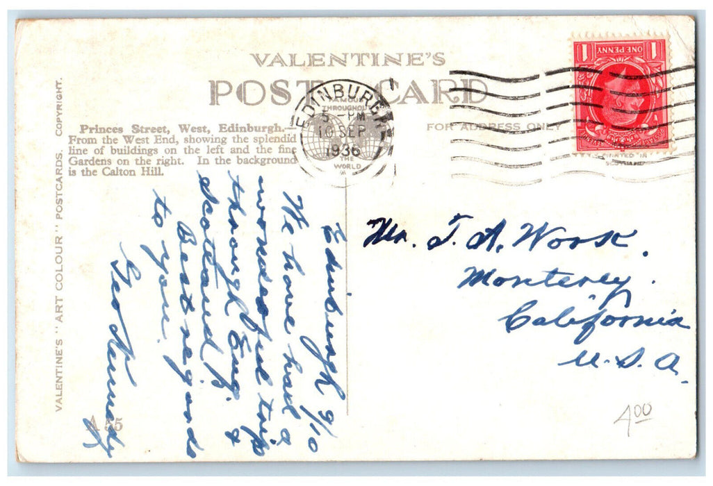 1936 Trolley Car Princess Street West Edinburgh Scotland Valentines Postcard