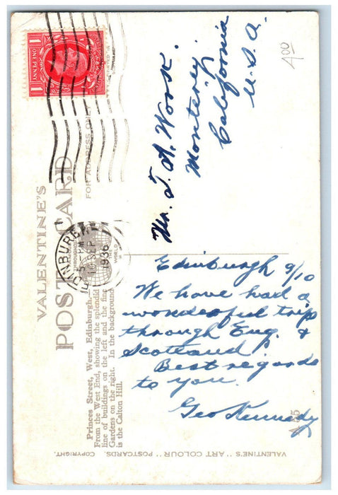 1936 Trolley Car Princess Street West Edinburgh Scotland Valentines Postcard