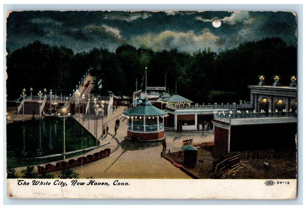1909 Night Scene Moon White City New Haven Connecticut Vintage Antique Postcard