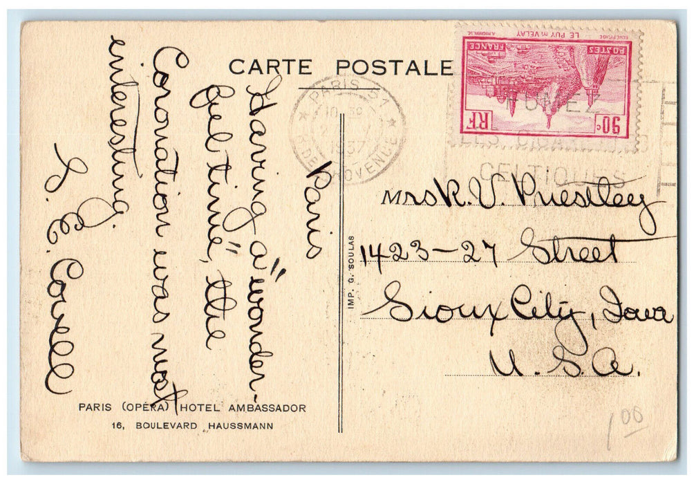 1937 Paris (Opera) Hotel Ambassador Boulevard Haussman France Posted Postcard