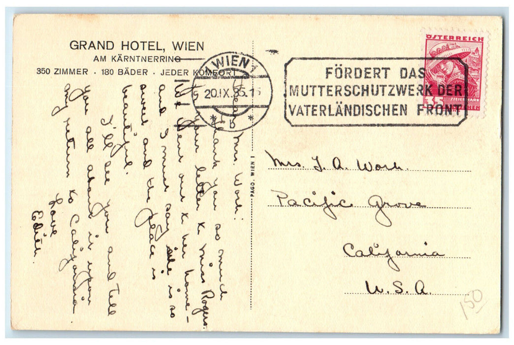 c1930's Grand Hotel Wien Am Karntnerring Wien Austria Trolley Car Postcard