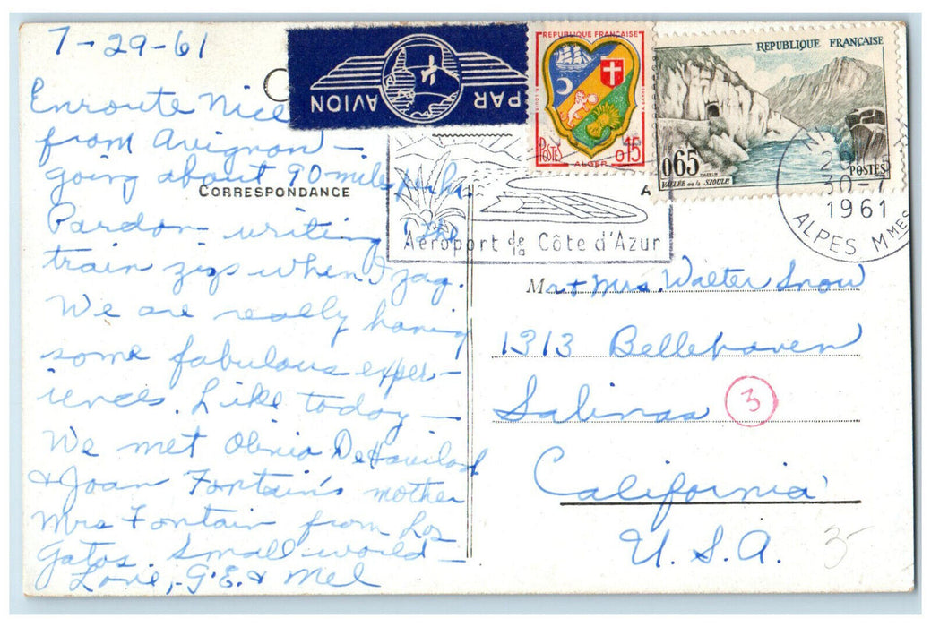 1961 Avignon Dominion Hotel Avignon France Par Avion Stamp Posted Postcard