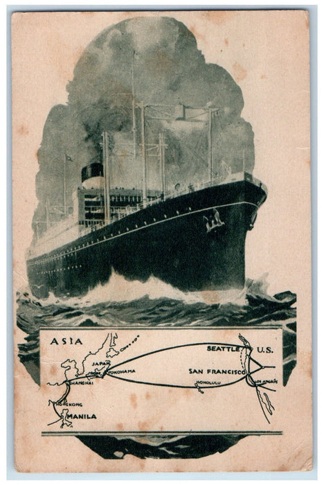 c1910 Enroute to US Aboard American Mail Line Dollar Steamship Line Postcard