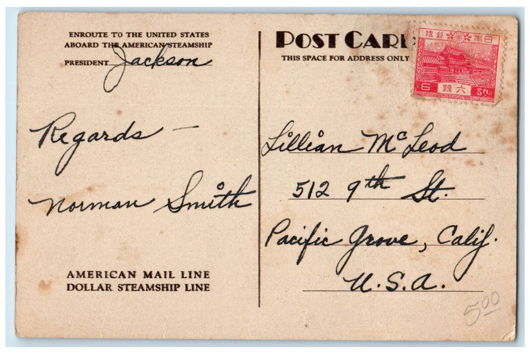 c1910 Enroute to US Aboard American Mail Line Dollar Steamship Line Postcard