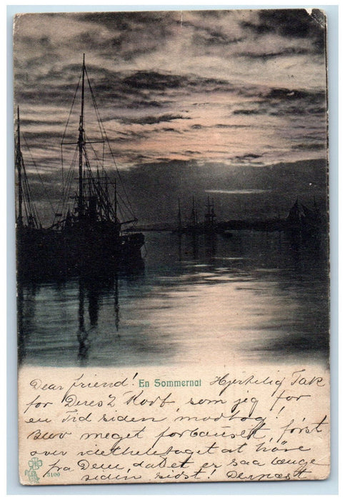 1905 A Summer Night View Schooner Boat Sailboat Posted Antique Postcard