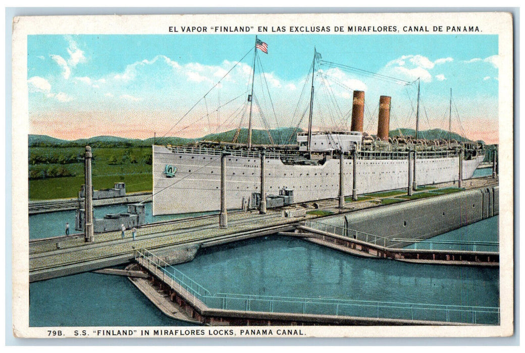 1925 S.S. Finland in Miraflores Locks Panama Canal Vintage Posted Postcard