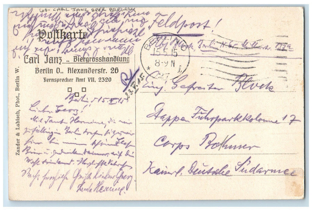 1915 Beer Barrels Carl Janz Beer Brewery Berlin Germany Posted Antique Postcard