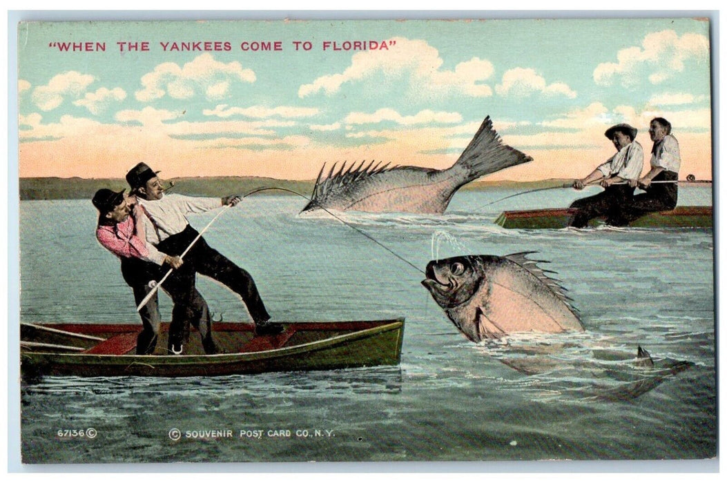 c1910 Fishing Rod Boat Fish Exaggerated Canoe When Yankees Come Florida Postcard