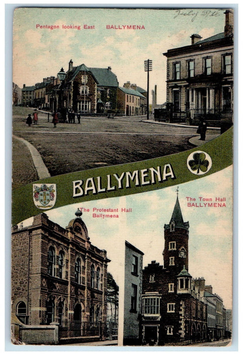 c1910 Ballymena Pentagon Looking East Ireland Multiview Antique Posted Postcard