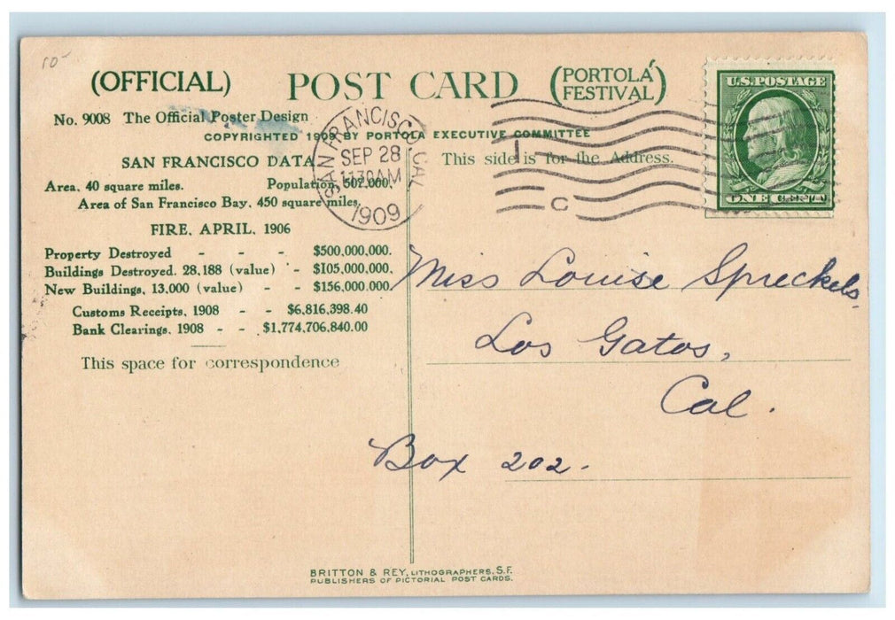 1909 Portola Festival San Francisco Bay Data Advertisement California Postcard