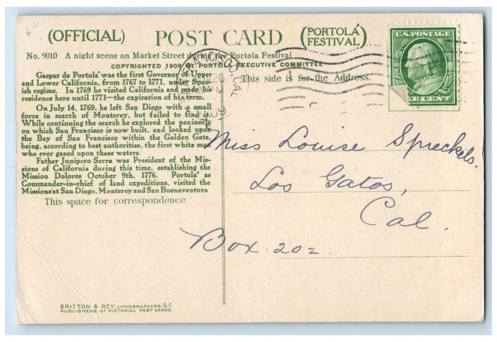 1909 Portola Festival Virgilia Bogue San Francisco California Official Postcard