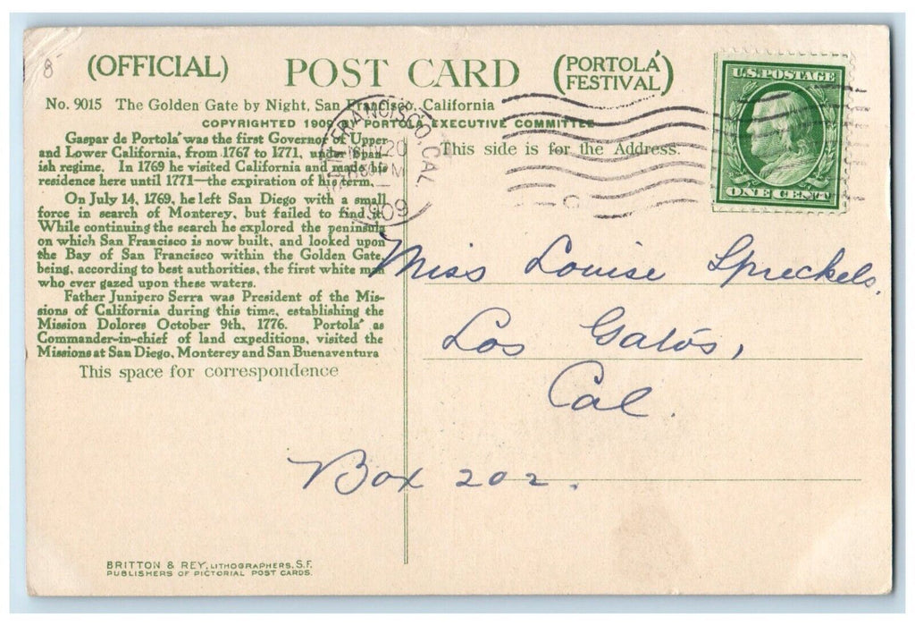 1909 Portola Festival Virgilia Bogue Carnival Queen San Francisco Calif Postcard