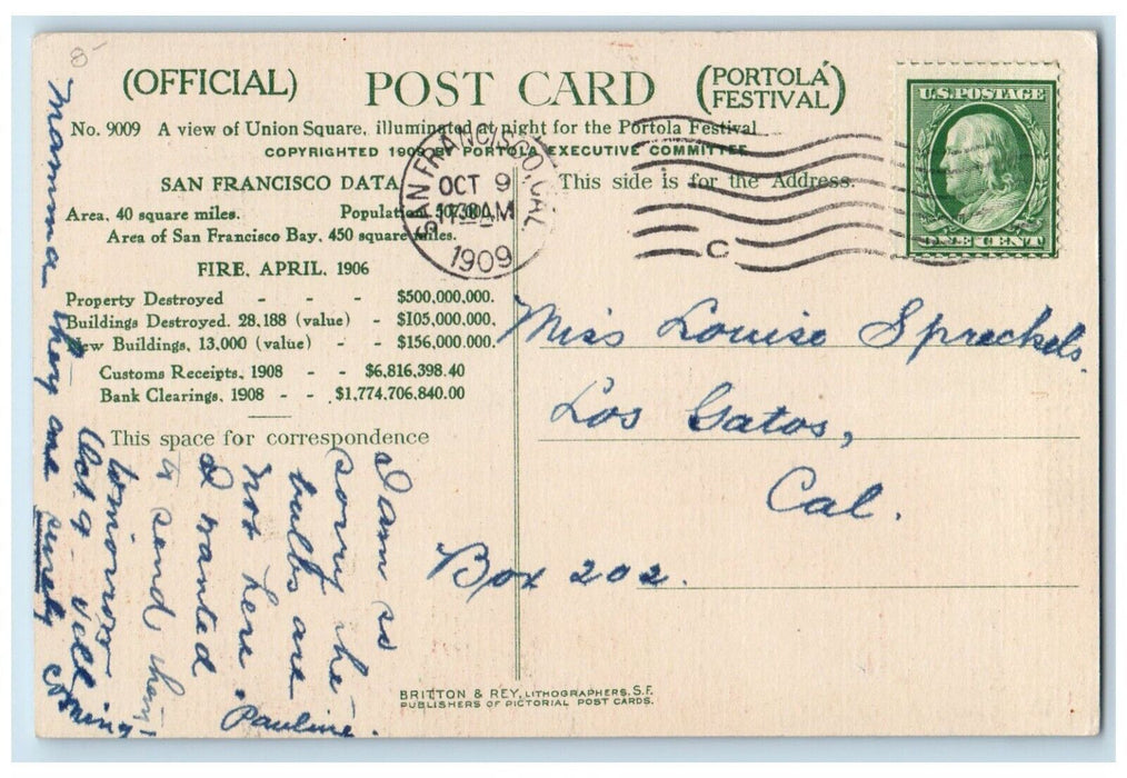 1909 Portola Festival Union Square San Francisco California CA Official Postcard