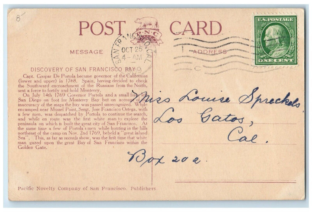 1909 Portola's First View Discovery Gaspar San Francisco Bay California Postcard