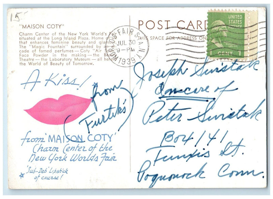 1939 Maison Coty Charm Center New York World's Fair Long Island Plaza Postcard