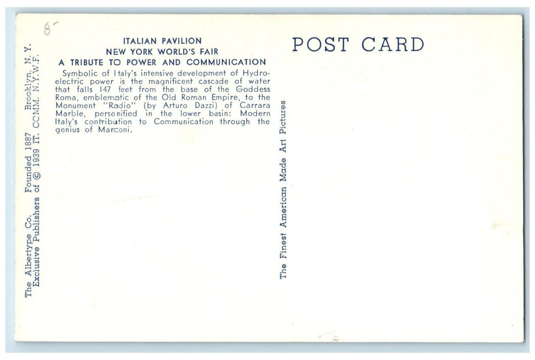 1940 Italian Pavilion New York World's Fair Tribute Power Communication Postcard