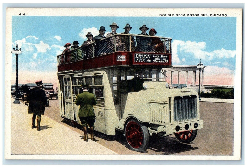 c1920 Double Deck Motor Bus Devon Avenue Sheridan Chicago Illinois IL Postcard