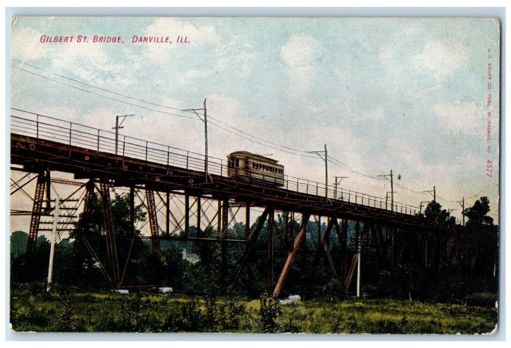 c1910 Gilbert St. Bridge Streetcar Trolley Railroad Danville Illinois Postcard
