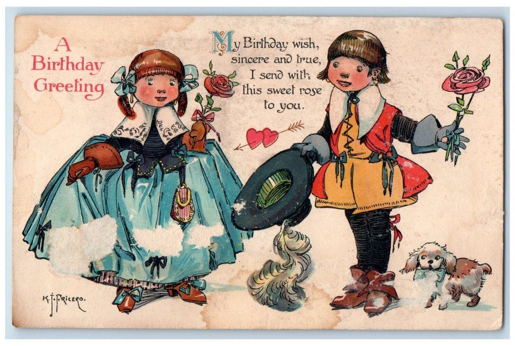 c1910's Birthday Greetings Girls With Flowers Puppy Dog Fricero Antique Postcard