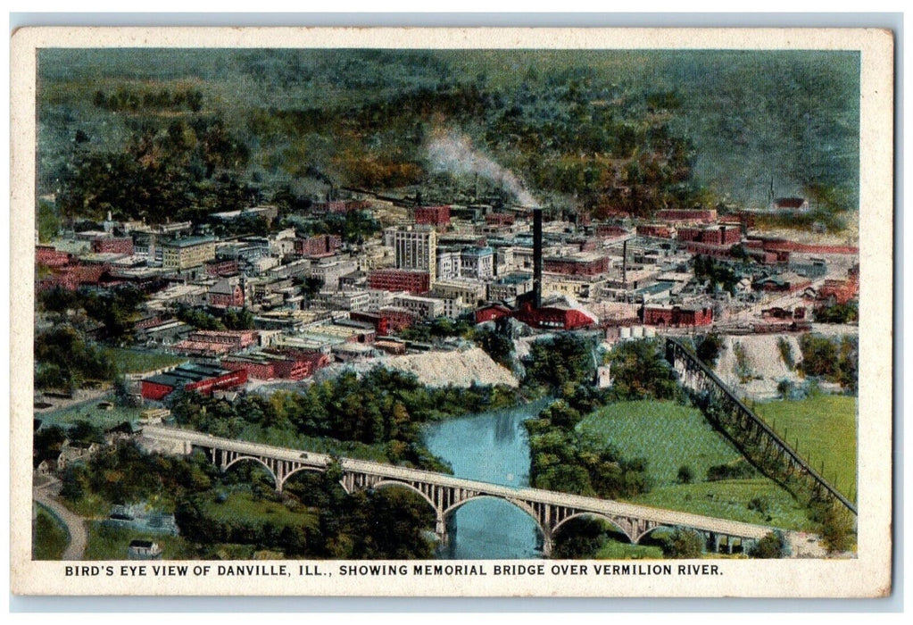 1924 Birds Eye View Memorial Bridge Vermilion River Danville Illinois Postcard